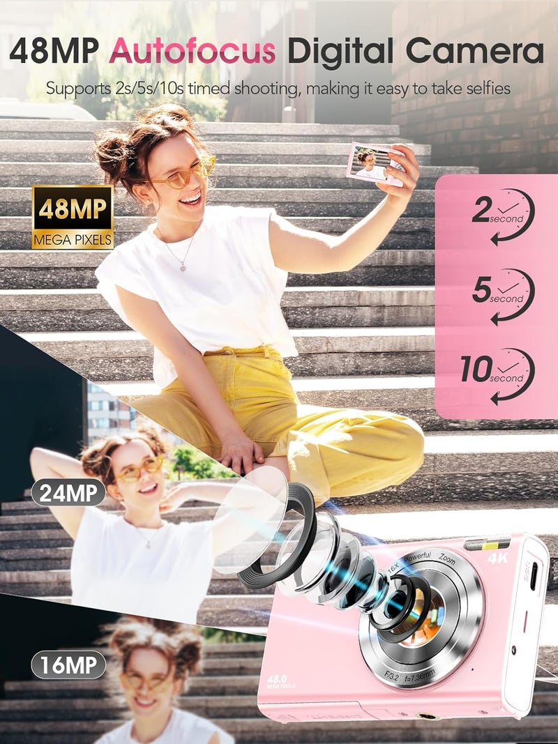 Lecnippy Digital Camera,Autofocus 4K Vlogging Camera for Photography with 32GB Card,48MP Portable Compact Point and Shoot Digital Camera for Teens Adult Beginner with 16X Zoom,Anti-Shake,2 Batteries(Pink) - Image 2